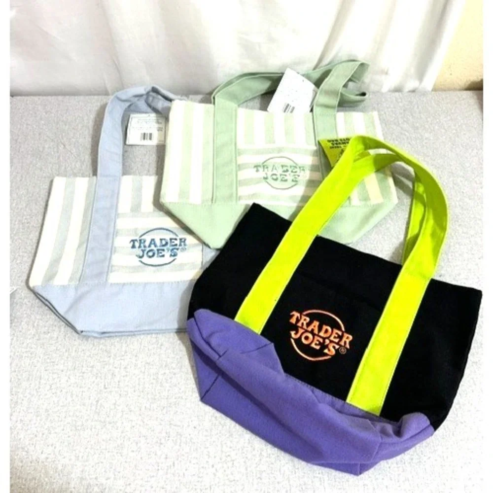 Lot of 3 Trader Joes Mini Canvas Tote Bags Blue, Green, Black/Purple BNWT